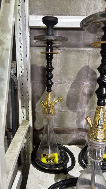 MODERN HOOKAH WITH BROWN & GOLDEN ACCENT METAL STEM AND CLEAR GLASS BASE