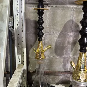 MODERN HOOKAH WITH BROWN & GOLDEN ACCENT METAL STEM AND CLEAR GLASS BASE