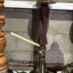 MODERN HOOKAH WITH CARVED WOODEN  STEM AND CLEAR GLASS BASE