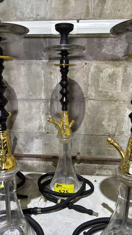 MODERN HOOKAH WITH BROWN & GOLDEN ACCENT METAL STEM AND CLEAR GLASS BASE