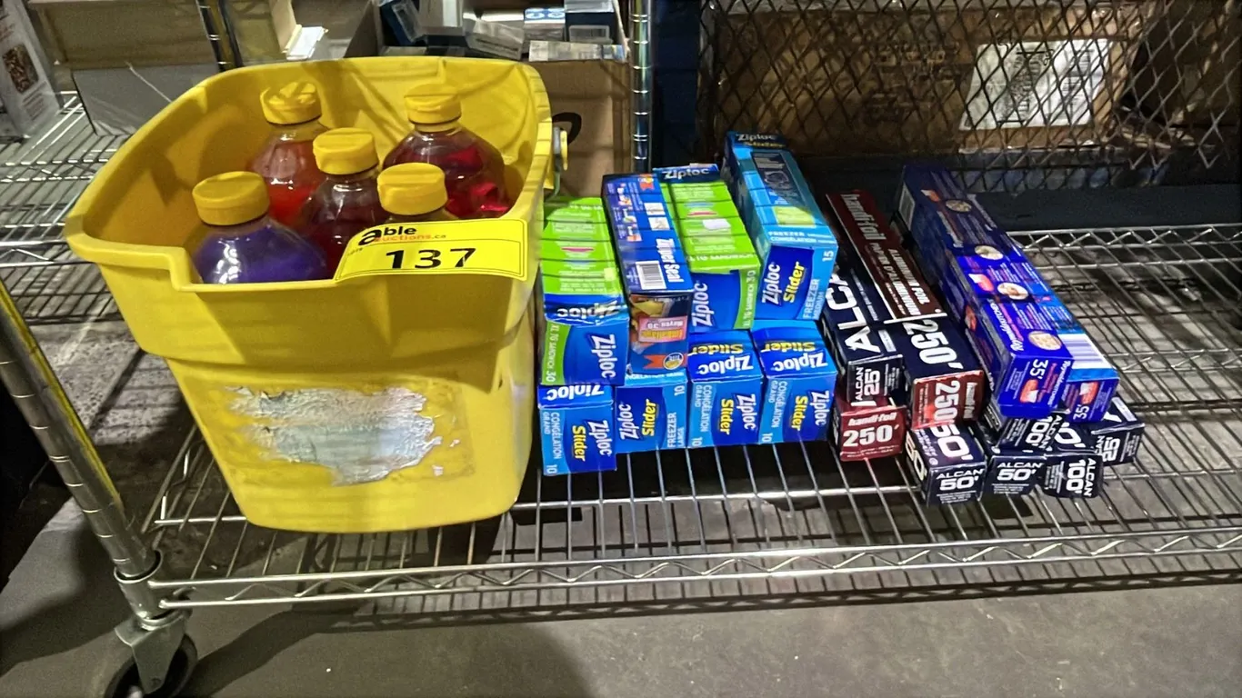 SHELF OF ASSORTED PINE SOL FLOOR CLEANER, BUCKET, ALUMINUM FOIL, PARCHMENT PAPER & ZIPLOC BAGS