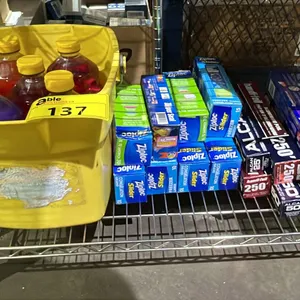 SHELF OF ASSORTED PINE SOL FLOOR CLEANER, BUCKET, ALUMINUM FOIL, PARCHMENT PAPER & ZIPLOC BAGS