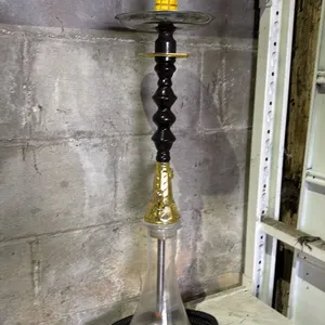 MODERN HOOKAH WITH BROWN & GOLDEN ACCENT METAL STEM AND CLEAR GLASS BASE