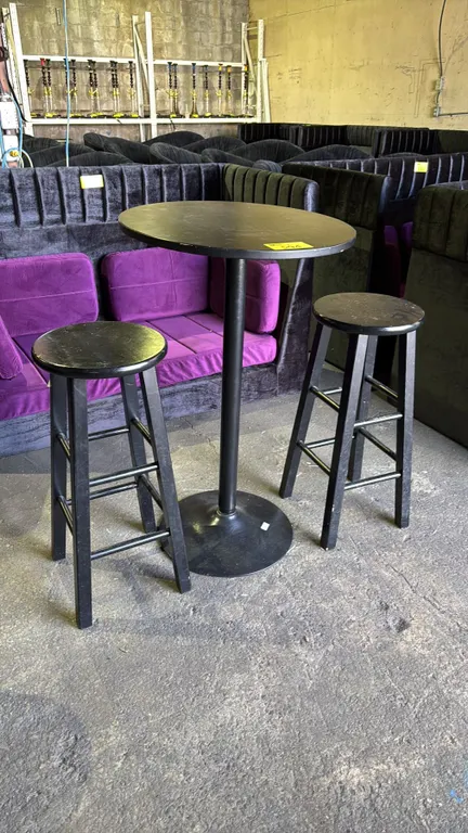 BAR HEIGHT WOODEN ROUND TABLE WITH METAL BASE AND 2 STOOLS