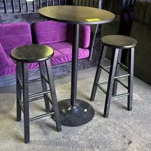 BAR HEIGHT WOODEN ROUND TABLE WITH METAL BASE AND 2 STOOLS
