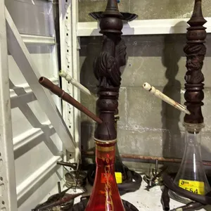 MODERN HOOKAH WITH CARVED WOODEN  STEM AND CLEAR GLASS BASE