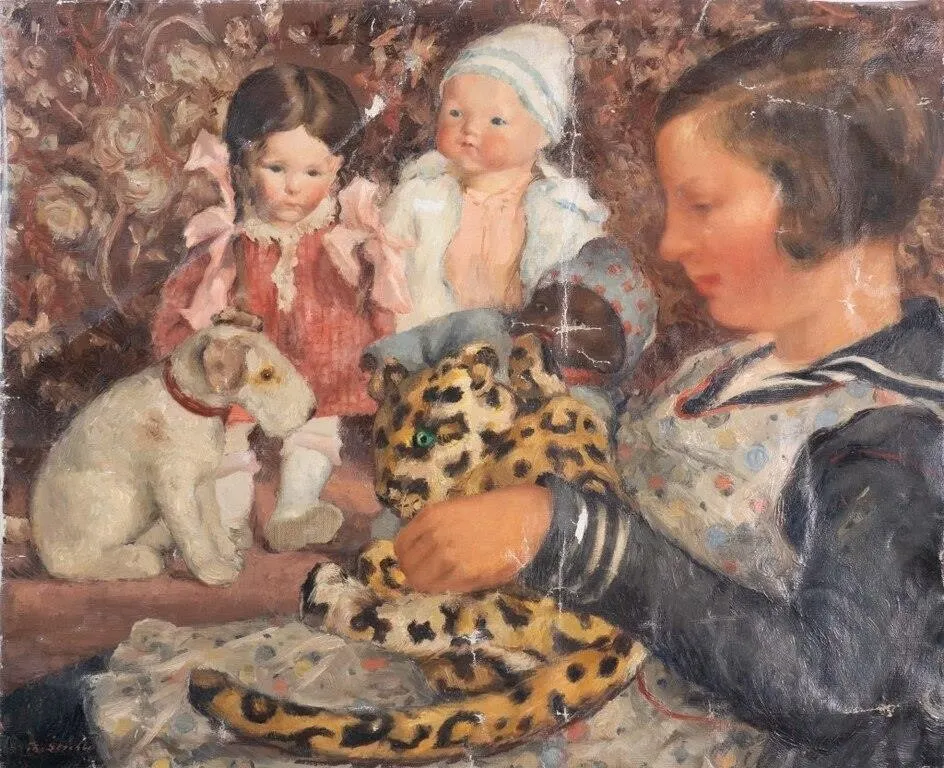 SIGNED 'TOYMAKER' OIL ON CANVAS W/O STRECHER