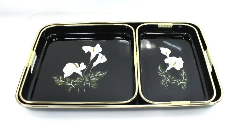 3 PC. LAQUER WARE TRAY SET: BLACK W/ LILLIES