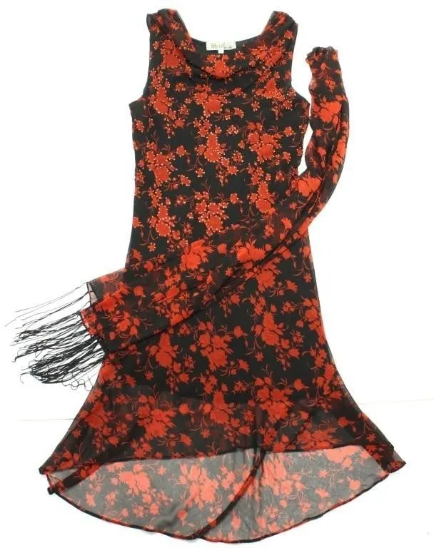 BLACK & RED FLORAL SEQUIN LADIES' COWL NECK DRESS