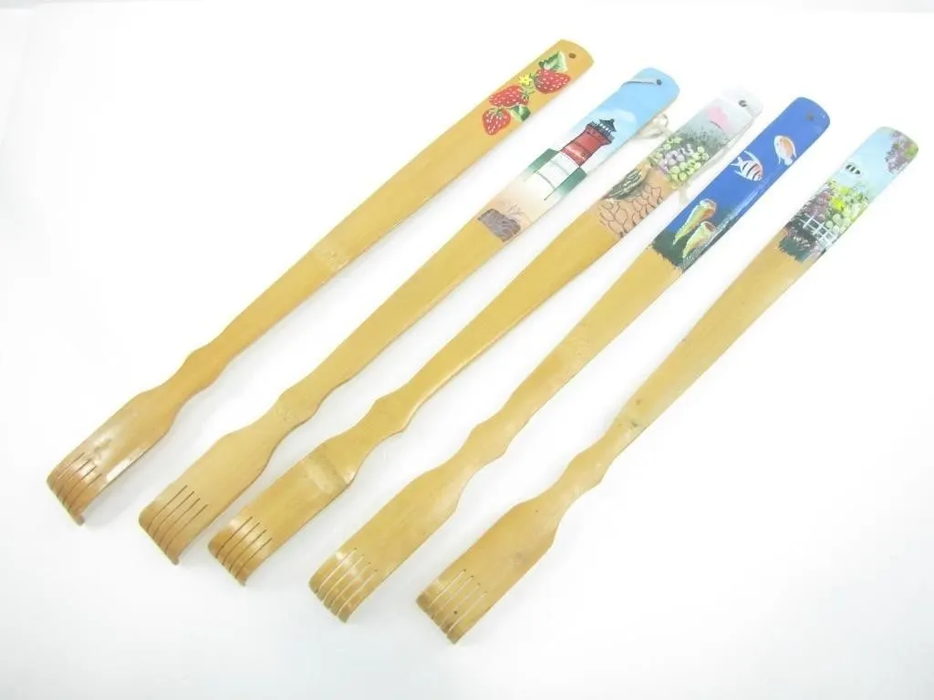 5 WOOD BACKSCRATCHERS W/ HANDPAINTED HANDLES