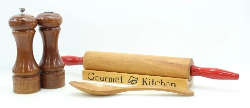 WOODEN SALT & PEPPER SHAKERS, ROLLING PIN & SPOON