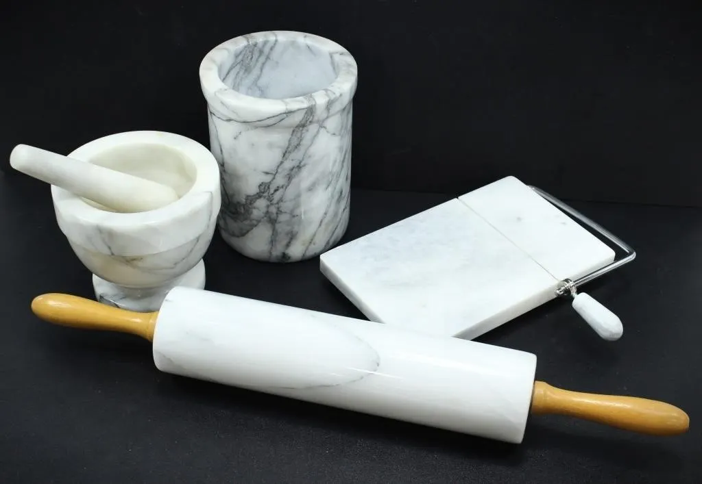 MARBLE CUTTING BOARD, ROLLING PIN, MORTAR & PESTLE