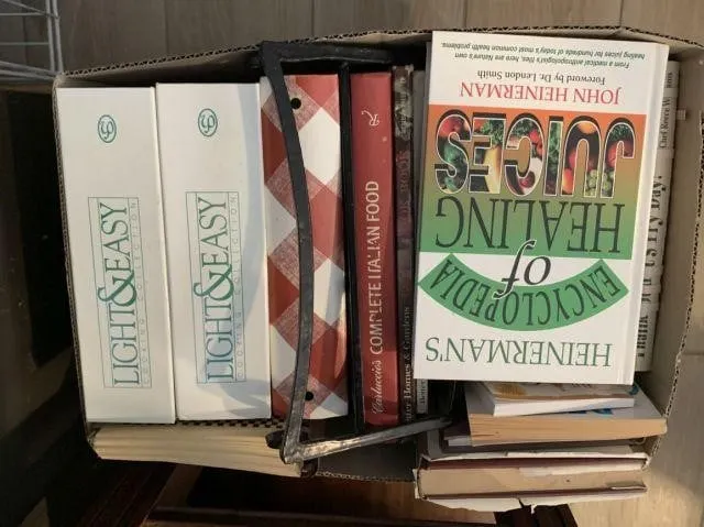 (2 B0XES) SELECTION OF COOK BOOKS & AN IRON