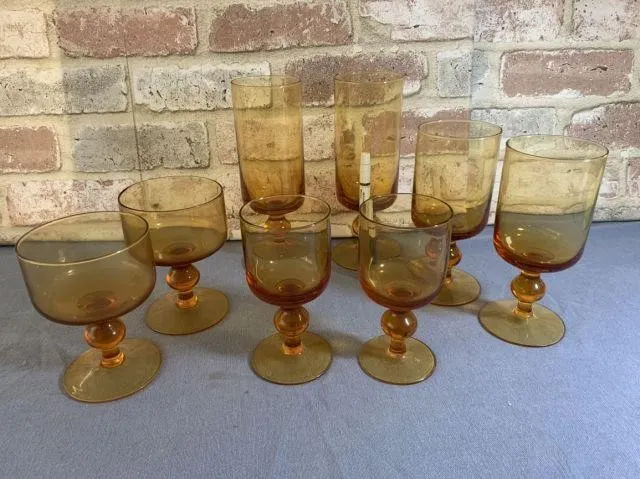 (3 BOXES) AMBER GLASS STEMWARE- 34 PCS, 4 SIZES-