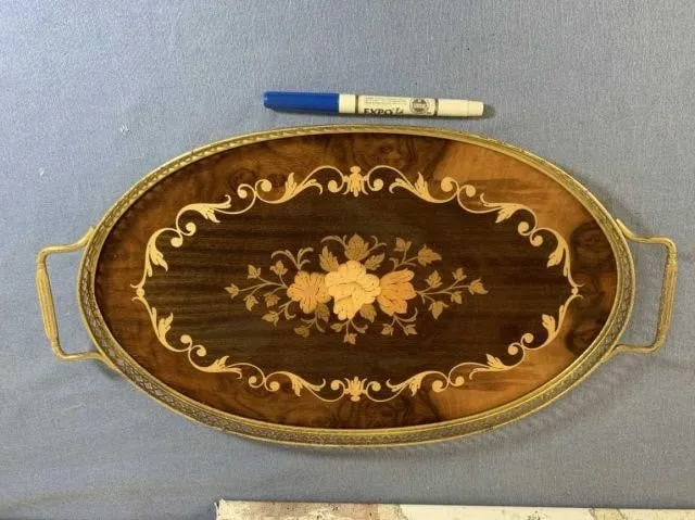BEAUTIFUL ITALIAN INLAID SERVING TRAY WITH BRASS