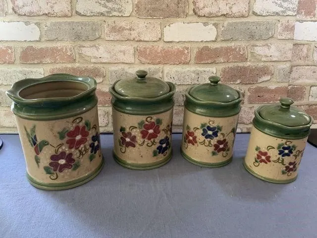 SET OF 4 STONEWARE CANISTERS WITH FLORAL