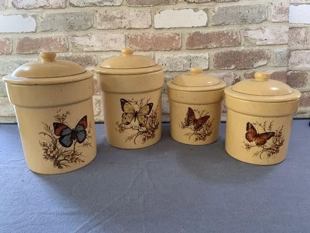 SET OF 4 STONEWARE CANISTERS WITH BUTTERFLY