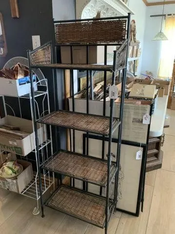4-TIER METAL AND WICKER FOLDING SHELF, 21" X 58"