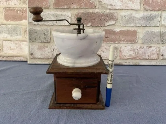 VINTAGE COFFEE GRINDER WITH MARBLE BOWL AND