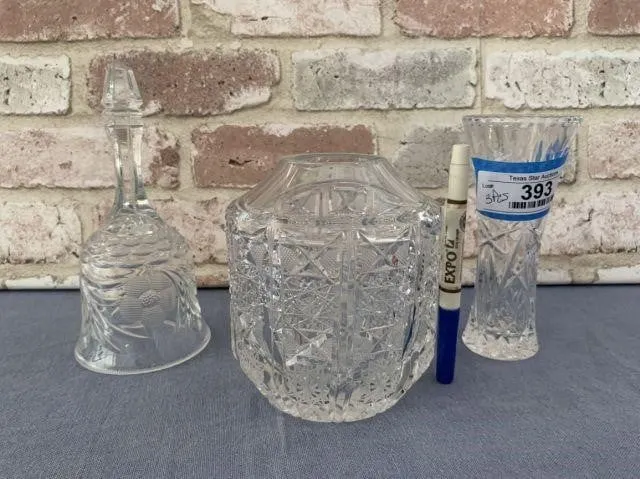 (3 PCS) CUT / ETCHED GLASS ITEMS: BELL & 2 VASES