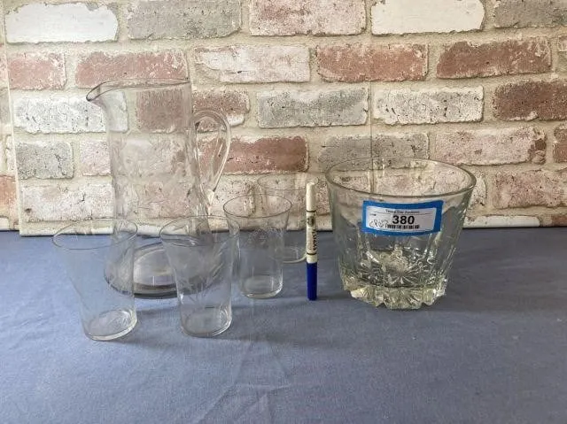 (6 PCS) ETCHED GLASS PITCHER & 4 GLASSES AND
