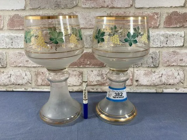 2 LARGE, HAND-PAINTED FOOTED GLASS GOBLETS