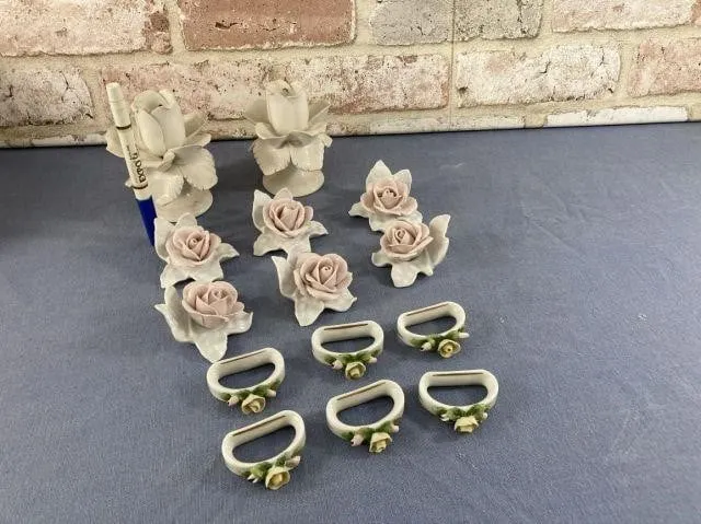 (14 PCS) PORCELAIN ROSE-SHAPED CANDLEHOLDERS,