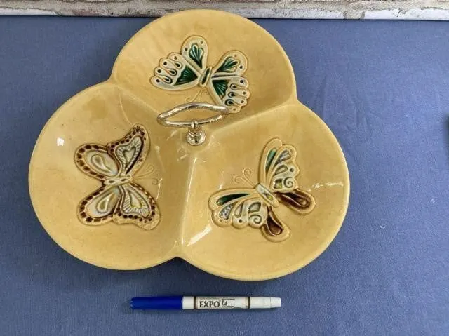 VINTAGE YELLOW 3-SECTION CERAMIC SERVING DISH