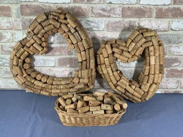 (2) REPURPOSED CORK HEART-SHAPED WREATHS &