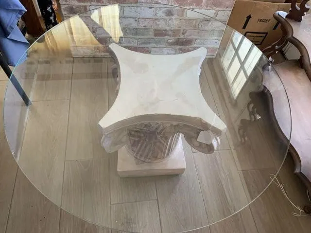 ROUND GLASS TOP SIDE TABLE WITH PLASTER BASE;