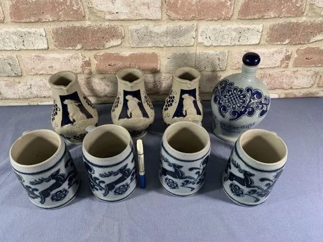 (8 PCS) STONEWARE WITH COBALT BLUE & GRAY SALT