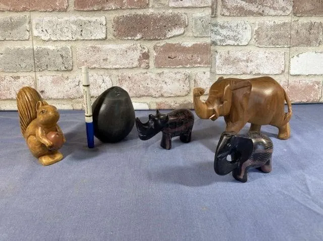 (5 PCS) ASSORTED RESIN & WOOD-CARVED ANIMALS