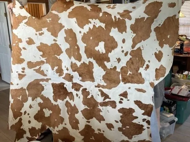GENUINE LEATHER, BROWN & WHITE COWHIDE RUG
