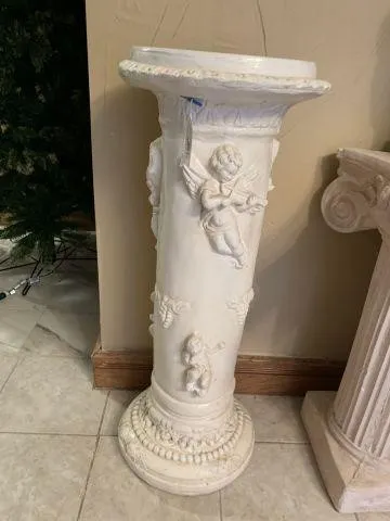 WHITE PLASTER PEDESTAL STAND WITH CHERUB