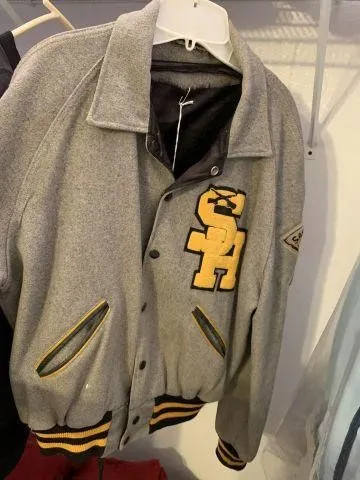 GRAY LETTER JACKET WITH BLACK & GOLD TRIM AND