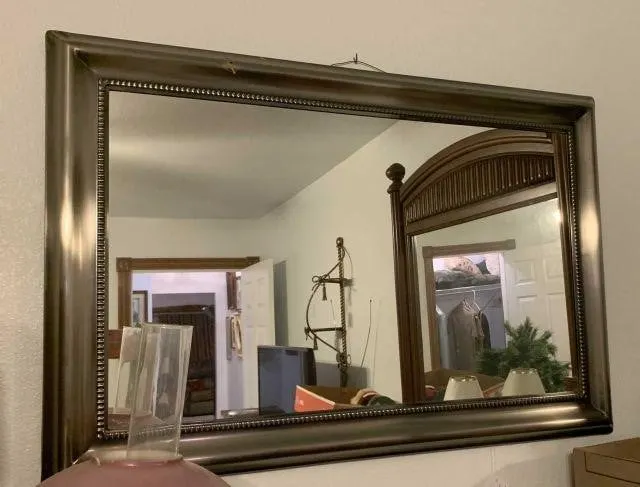 NICE FRAMED MIRROR, SILVER-TONE METAL WITH