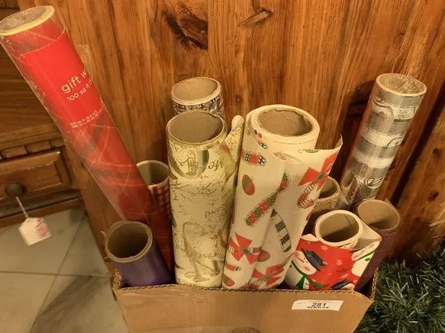 BOX OF ASSORTED CHRISTMAS WRAP- PARTIAL ROLLS,