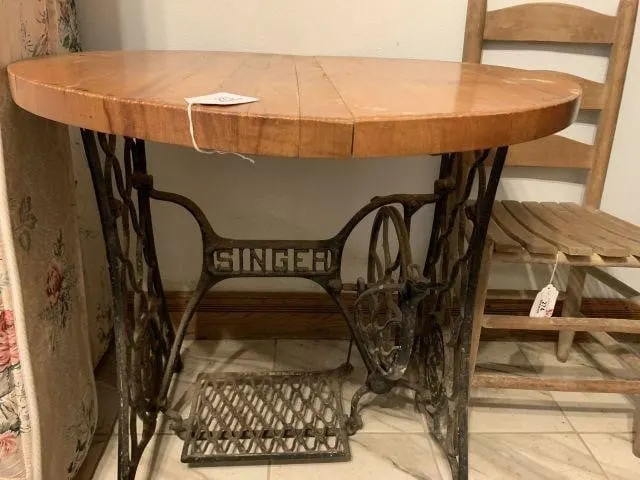 SINGER SEWING MACHINE BASE WITH A WOOD TOPPER
