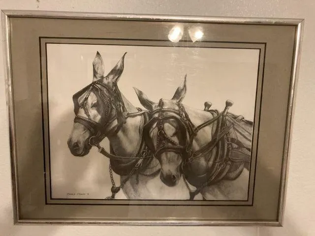 SIGNED PRINT OF 2 DONKEYS WITH HARNESSES; BY