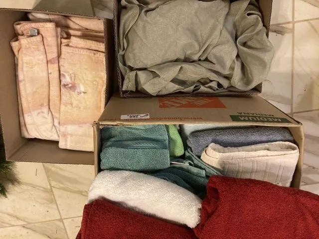 3 BOXES OF ASSORTED TOWELS & OTHER LINENS