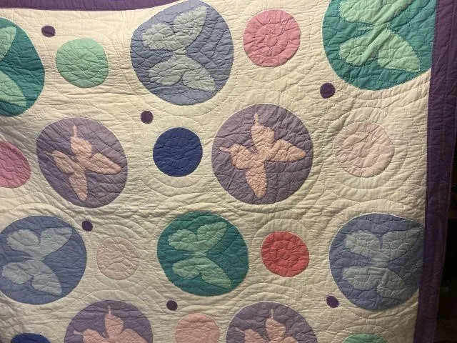HAND-SEWN, VINTAGE BUTTERFLY QUILT- SOME SPOTS