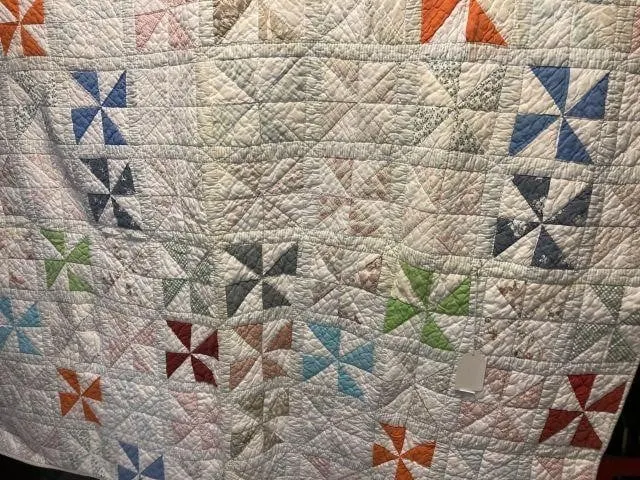 HAND-SEWN, VINTAGE PINWHEEL QUILT-SOME STAINS