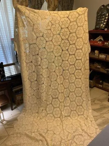 LARGE HAND-CROCHETED TABLECLOTH; SOME STAINS-