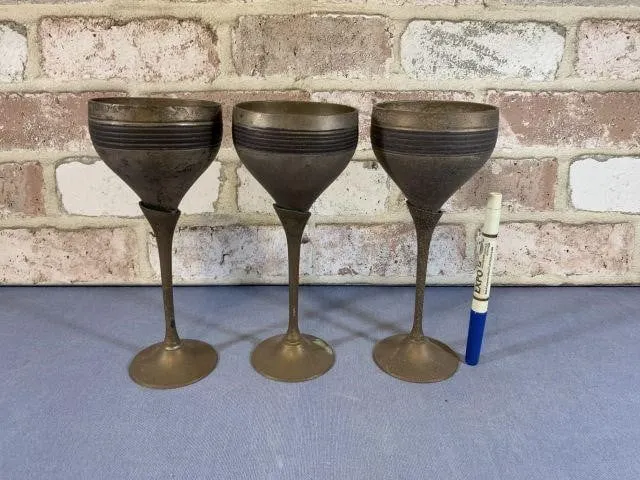 3 VINTAGE BRASS FOOTED GOBLETS
