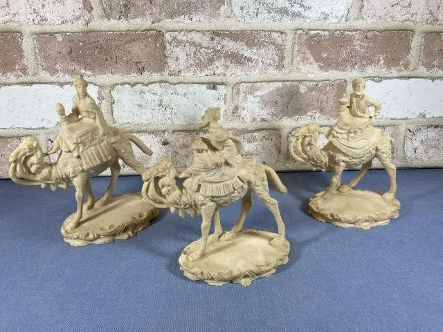 3 CARVED MAGI ON CAMELS, NATIVITY PIECES