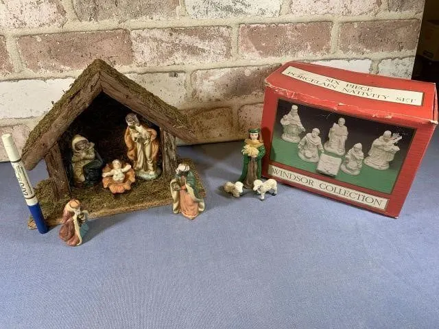 6 PC WHITE PORCELAIN NATIVITY SET & A 7 PC COLORED