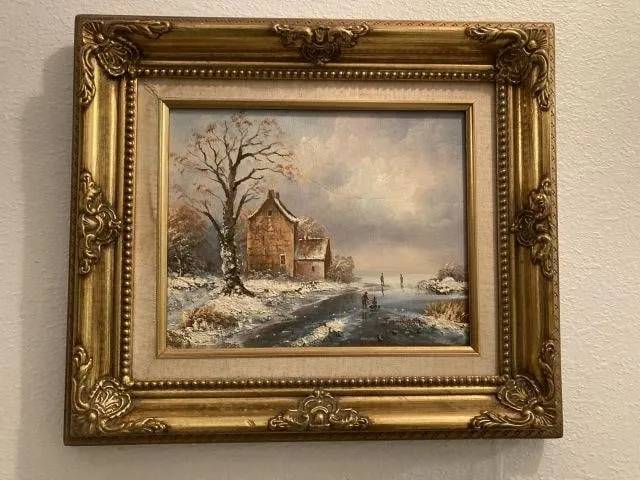 GILT FRAMED PAINTING OF WINTER LANDSCAPE;