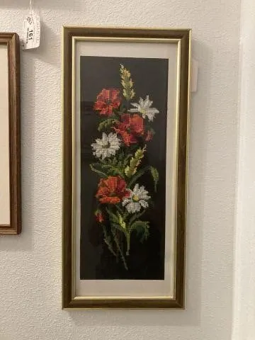 FRAMED NEEDLE POINT FLORAL ART