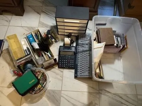 GROUP LOT: OFFICE SUPPLIES, BULLETIN BOARD, DESK