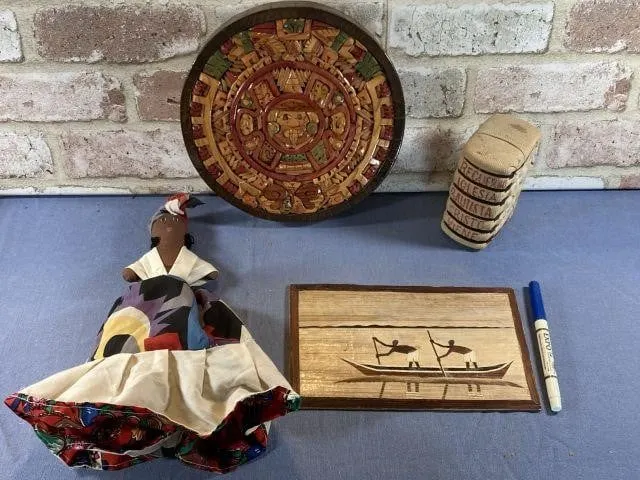 GROUPING OF NATIVE D�COR / HAND-MADE ITEMS: DOLL,